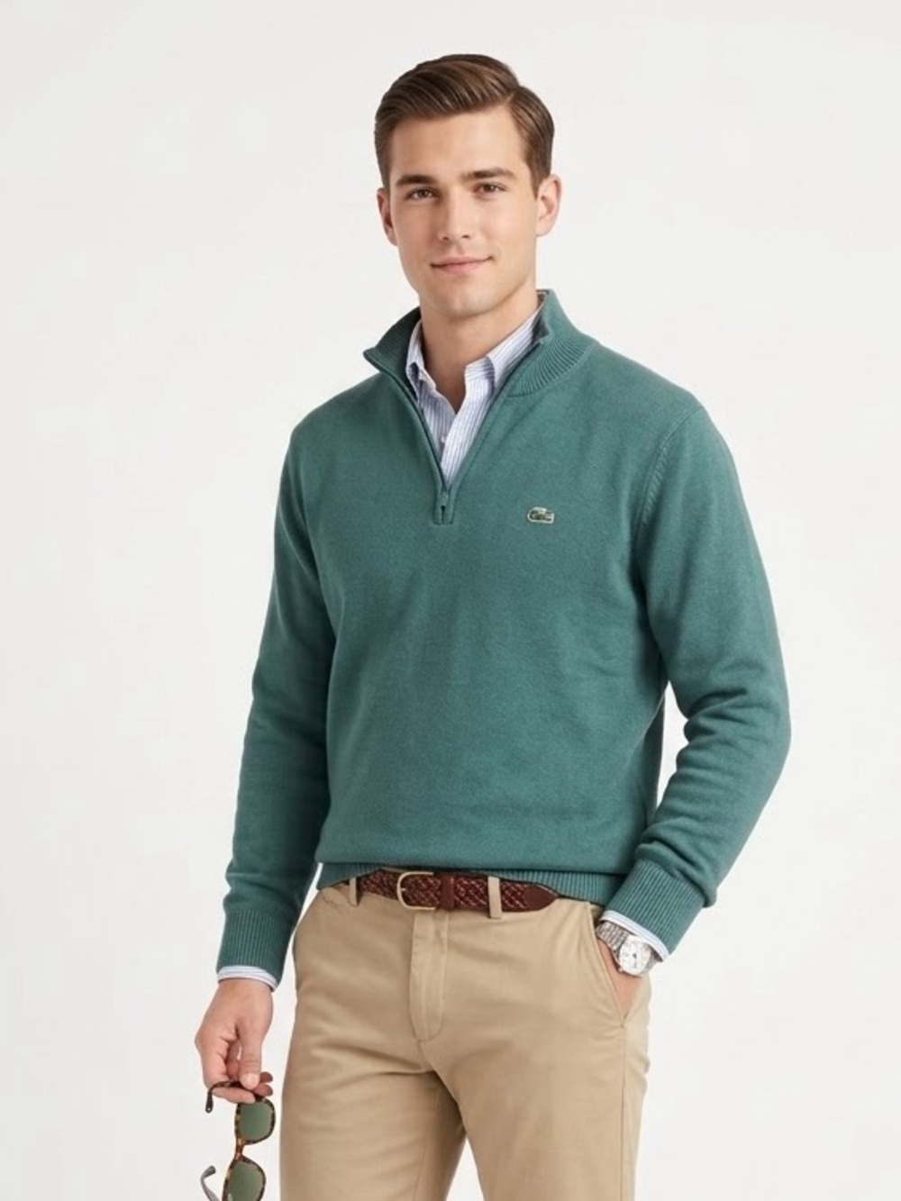 Y2K Lacoste Mock Neck Quarter Zip Sweater Forest Green Preppy Old Money Heritage